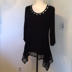 Jeweled and Lace Black Tunic Top